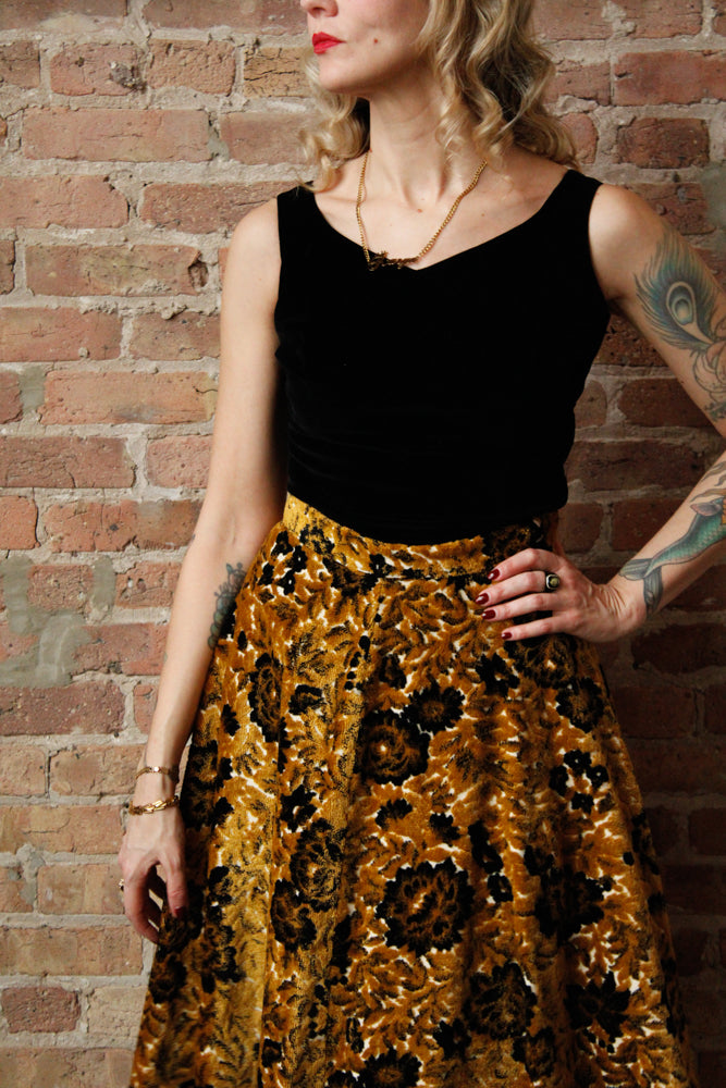 1960s Gold & Black Floral Tapestry Maxi Skirt - 27" waist