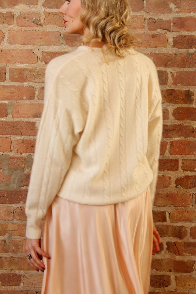 1990s Neiman Marcus Ivory Cashmere Cable Knit Sweater - Large & 1940s Ballerina Slipper Pink Nylon Taffeta Skirt - Xsmall