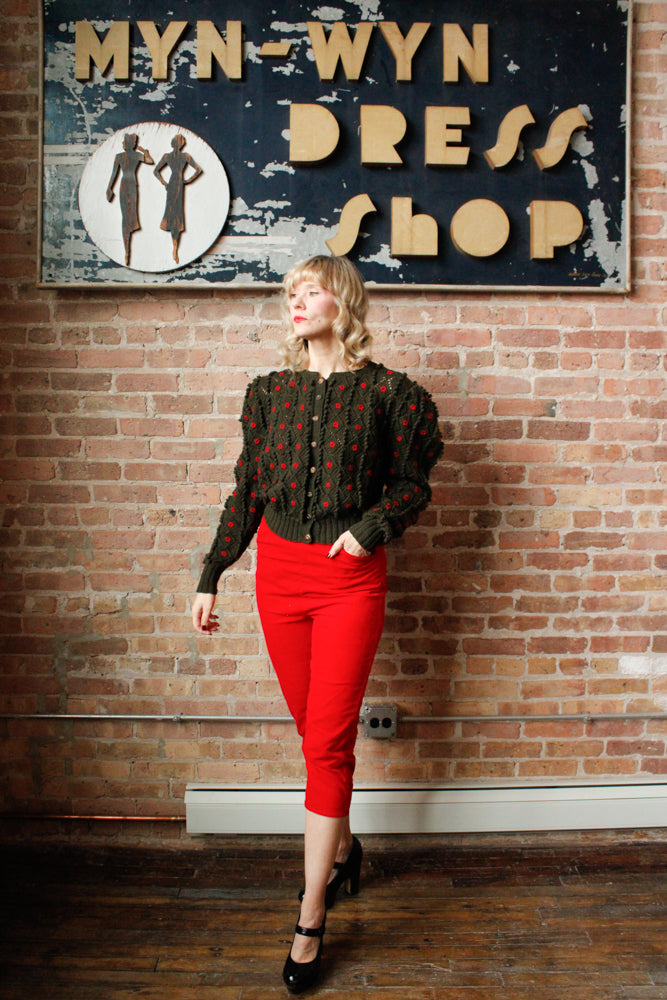1980s Austrian Knit Green & Red Puff Sleeve Sweater - M/L