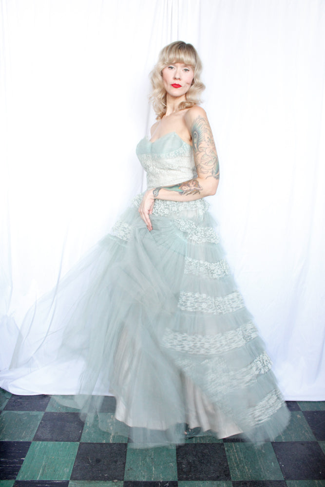 1950s Icy Blue Tiered Lace Strapless Tulle Party Dress - XSmall