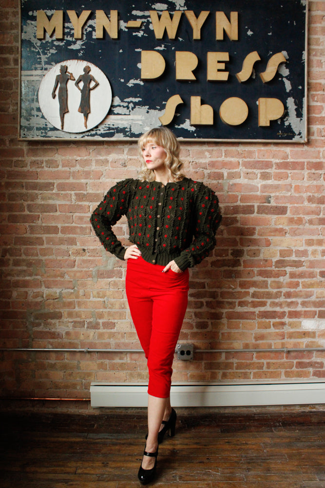 1980s Austrian Knit Green & Red Puff Sleeve Sweater - M/L