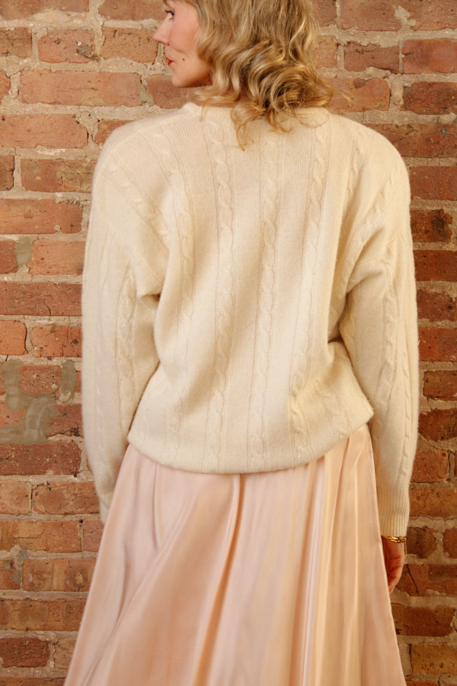 1990s Neiman Marcus Ivory Cashmere Cable Knit Sweater - Large & 1940s Ballerina Slipper Pink Nylon Taffeta Skirt - Xsmall