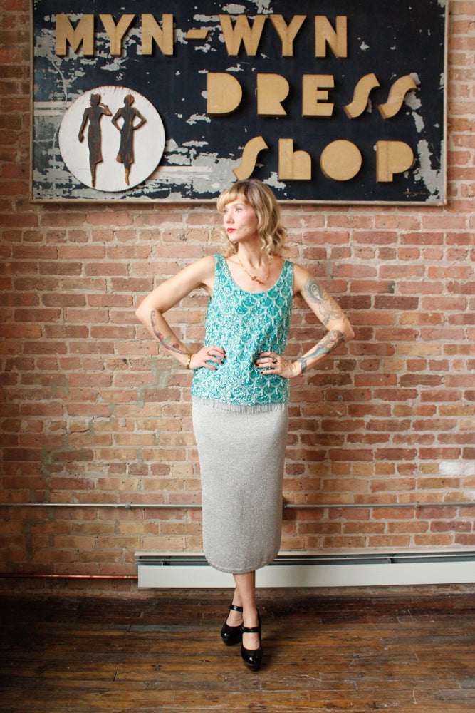1960s Mermaid Aquamarine Beaded Top - Medium