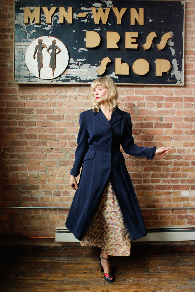 1940s Junior Deb Navy Gabardine Coat - S/M