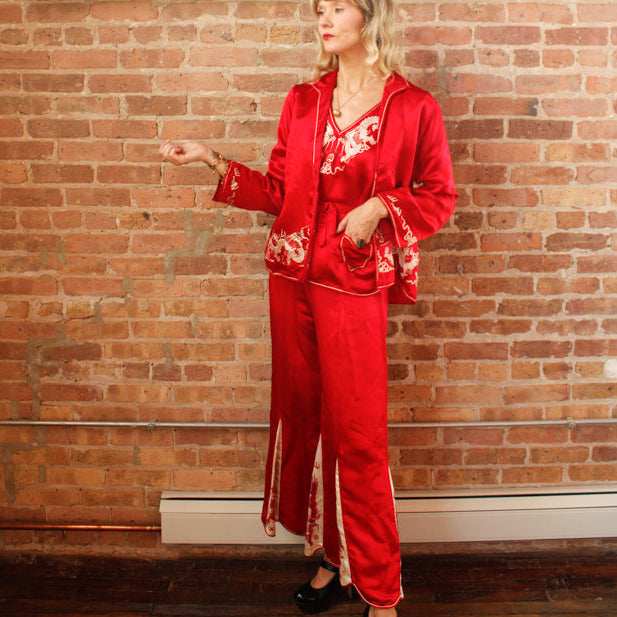 1920s Japanese Silk Souvenir 3pc Pajamas - Small