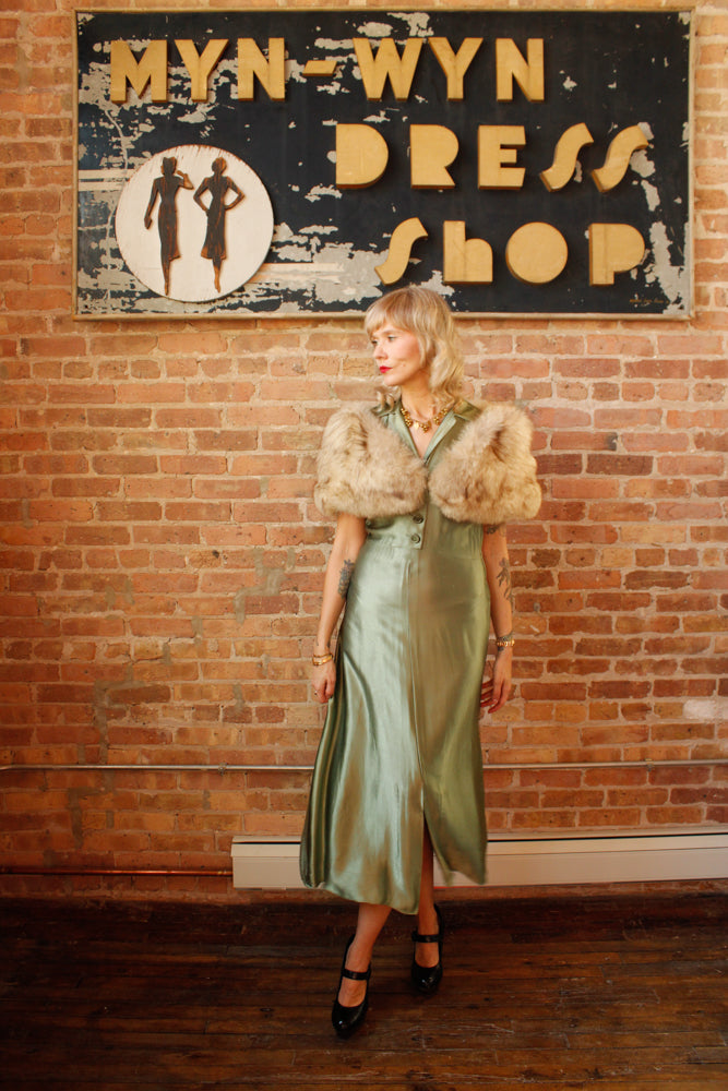 1940s Green Silk Satin Dress - S/M