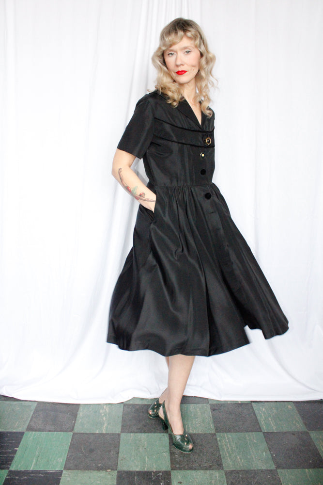 1950s Black Taffeta Swing Dress - Medium 