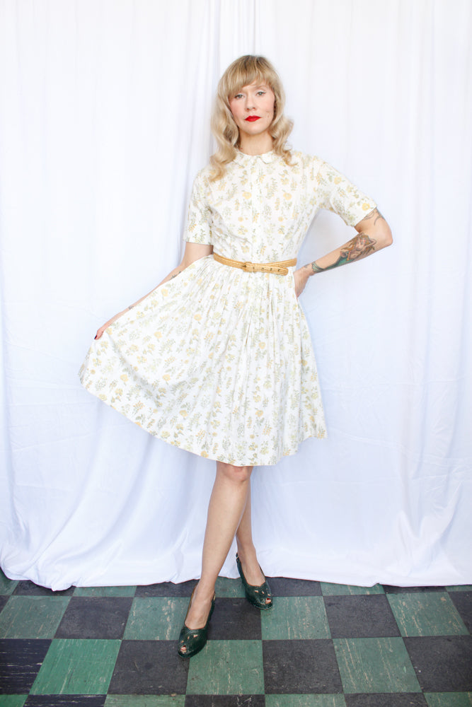 1950s Floral Cotton Shirtwaist Dress - Small