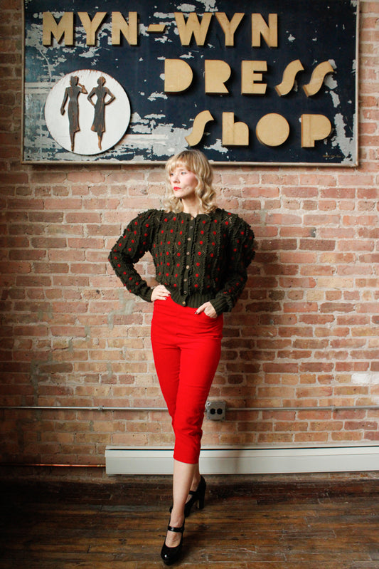 1980s Austrian Knit Green & Red Puff Sleeve Sweater - M/L 1960s Carliss Red Corduroy Pedal Pushers - S/M