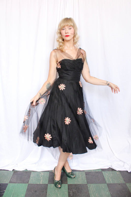 1940s Doris Dodson Embroidered Tulle Party Dress - Xsmall