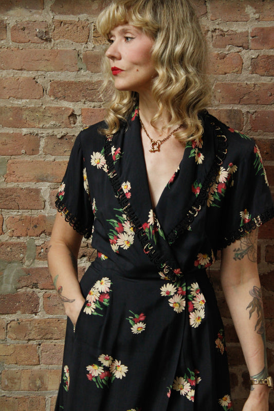 1940s Floral Rayon Wrap Dress - Small