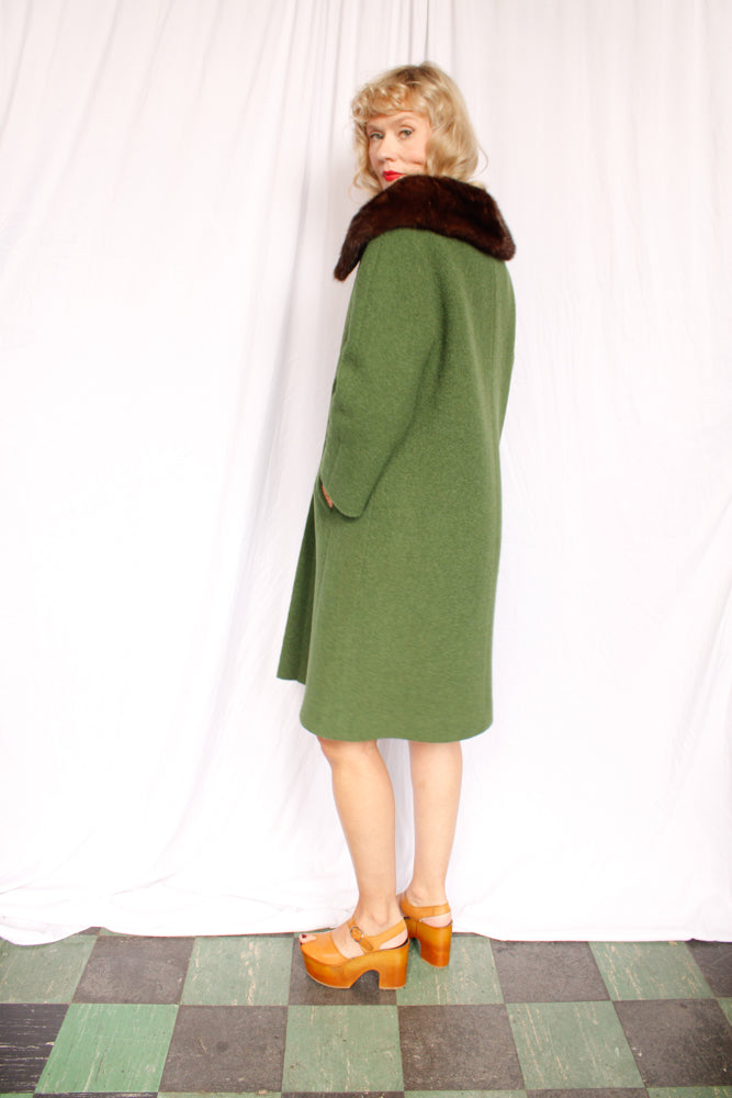 1960s Green Boucle Wool Coat - Medium