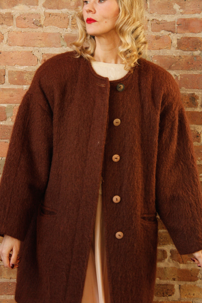 1990s Cocoa Brown Mohair Wool Coat - Medium to Large