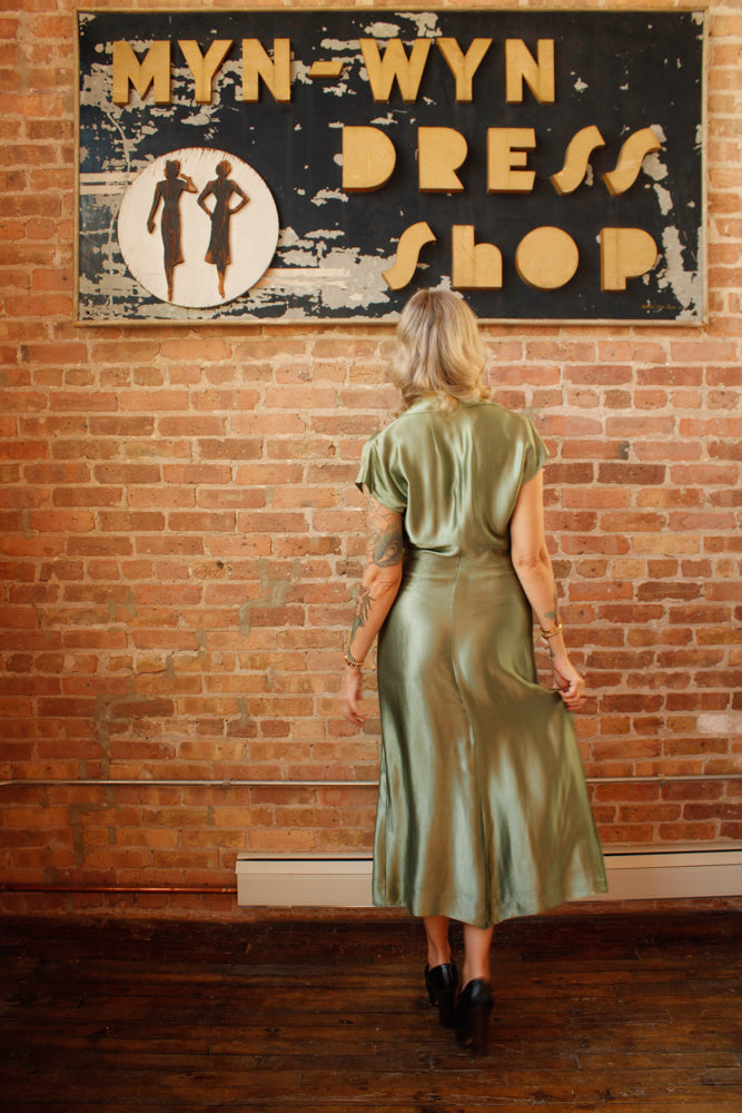 1940s Green Silk Satin Dress - S/M