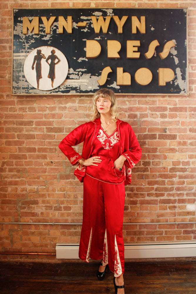 1920s Japanese Silk Souvenir 3pc Pajamas - Small