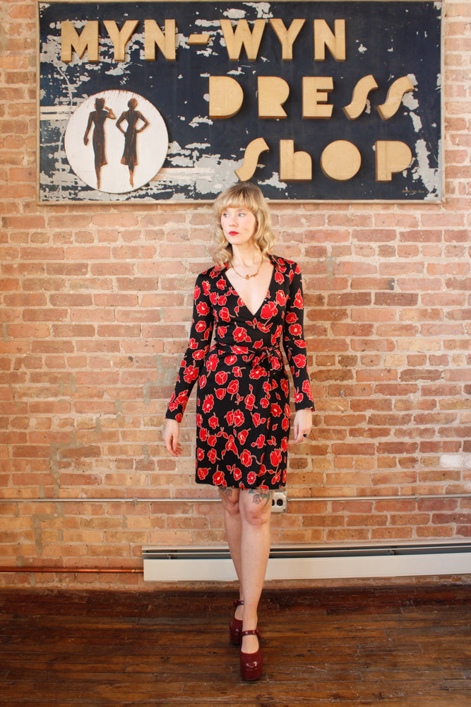1970s DVF Jeanne Silk Jersey Floral Wrap Dress - Xs/S