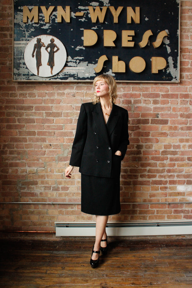 1990s YSL Tuxedo Stripe Black Blazer & Skirt Suit - M/L