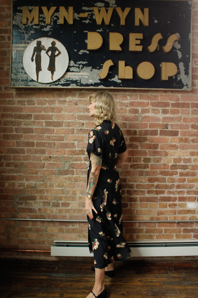 1940s Floral Rayon Wrap Dress - Small