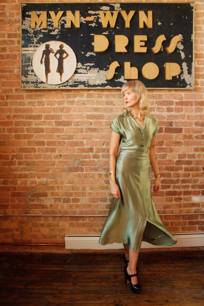 1940s Green Silk Satin Dress - S/M