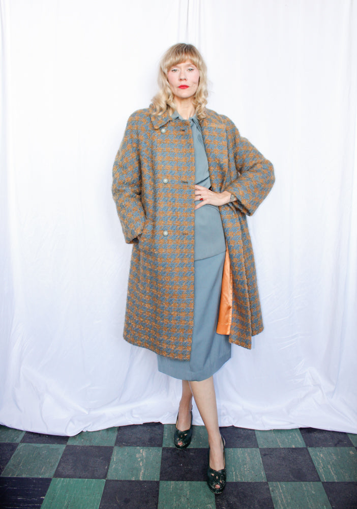 1950s Tan & Blue Tweed Plaid Wool Coat - Large