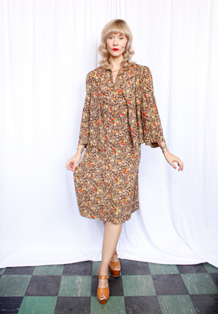 1930s Silk Fall Floral Puff Sleeve Dress and Jacket - Medium 