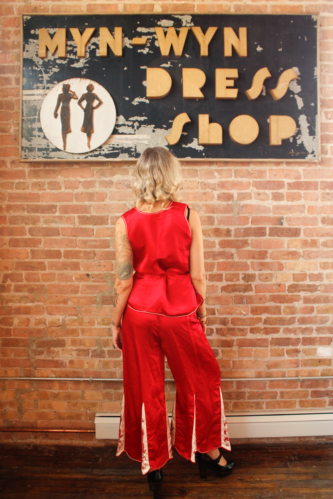 1920s Japanese Silk Souvenir 3pc Pajamas - Small