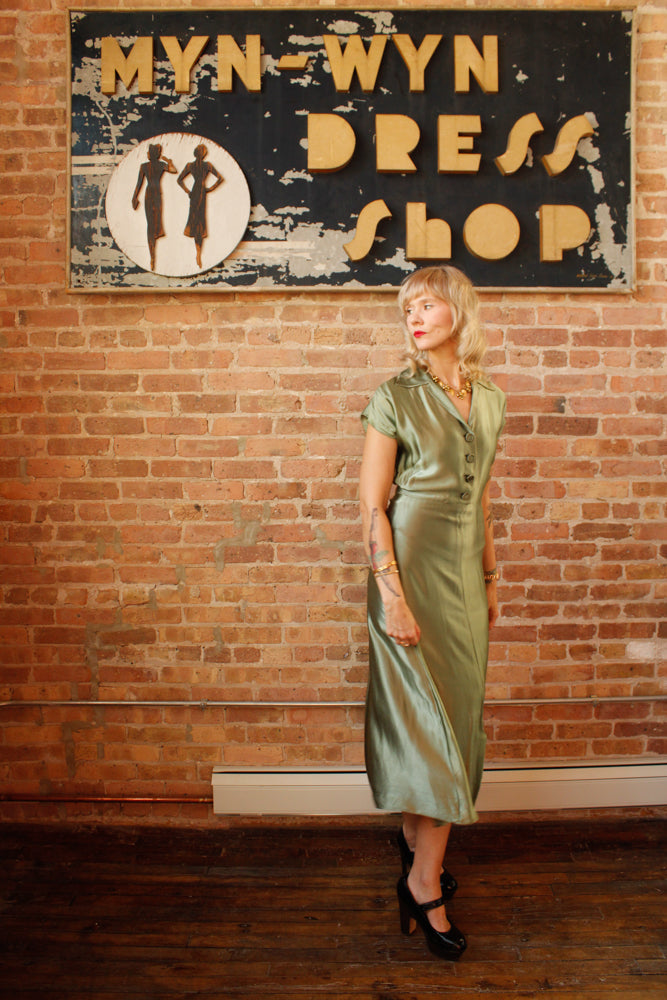 1940s Green Silk Satin Dress - S/M