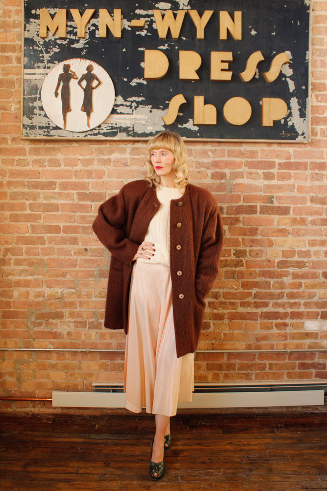 1990s Cocoa Brown Mohair Wool Coat - Medium to Large