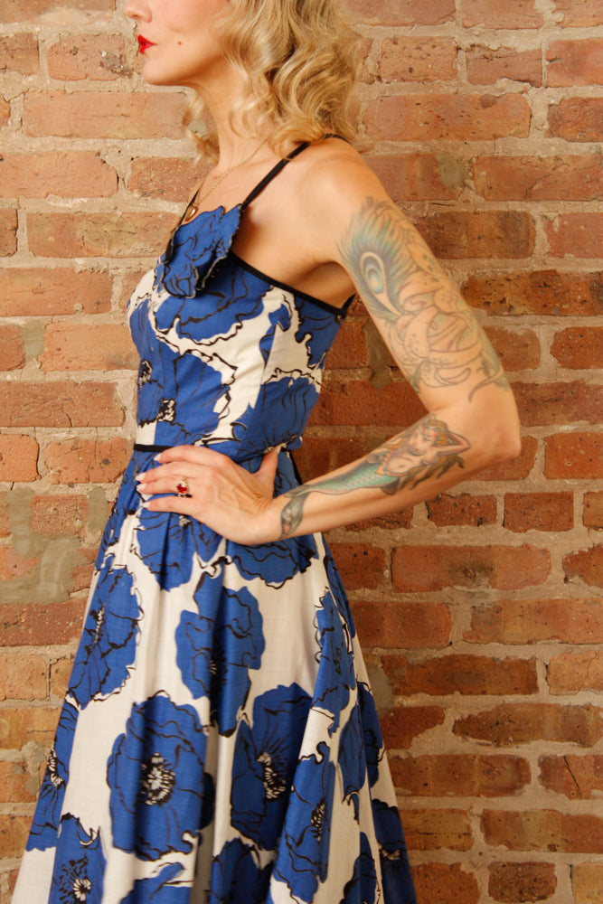 1950s Blue & Black Floral Day Dress with Appliqué Flower - Xsmall
