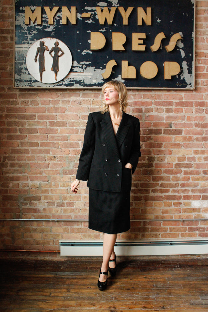 1990s YSL Tuxedo Stripe Black Blazer & Skirt Suit - M/L