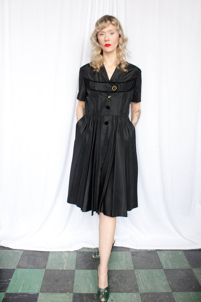 1950s Black Taffeta Swing Dress - Medium 