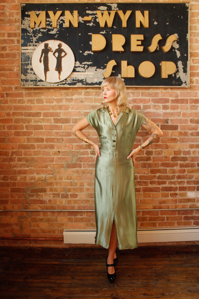 1940s Green Silk Satin Dress - S/M