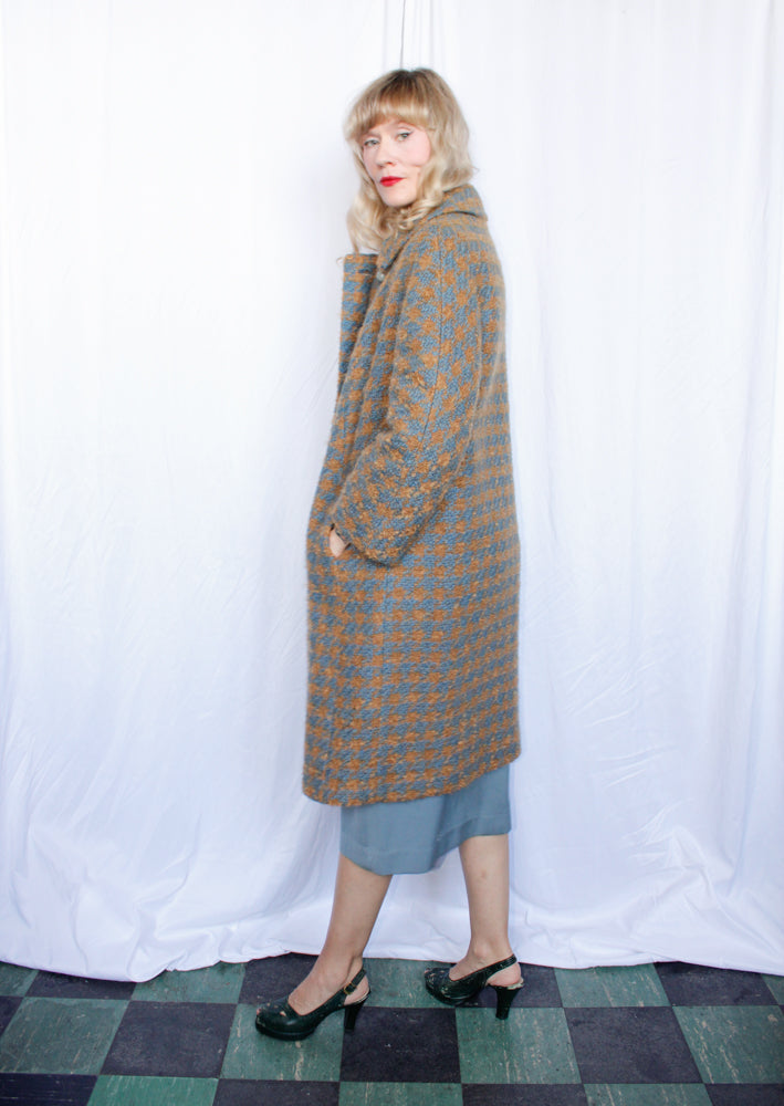 1950s Tan & Blue Tweed Plaid Wool Coat - Large