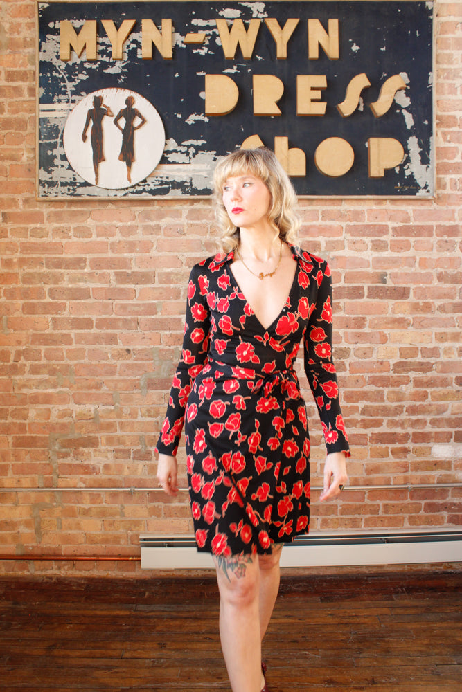 1970s DVF Jeanne Silk Jersey Floral Wrap Dress - Xs/S
