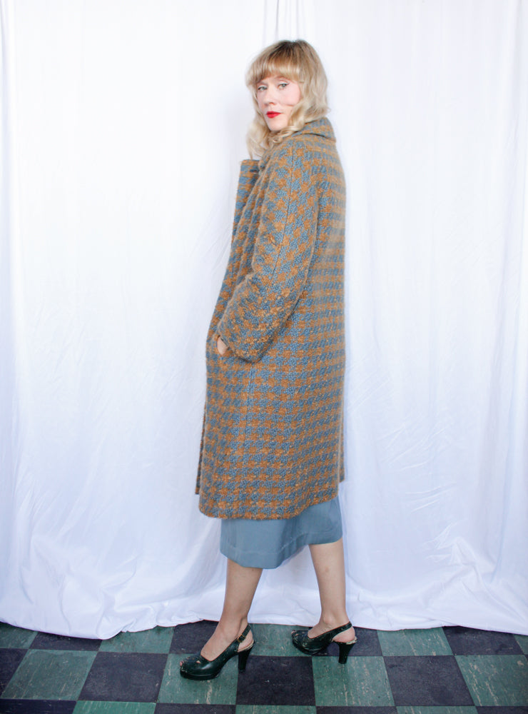 1950s Tan & Blue Tweed Plaid Wool Coat - Large