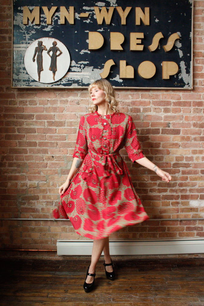 1940s Red & Green Cold Rayon Dress - Large