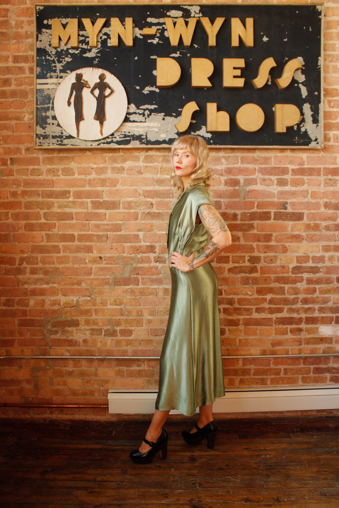 1940s Green Silk Satin Dress - S/M