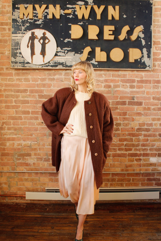 1990s Cocoa Brown Mohair Wool Coat - Medium to Large