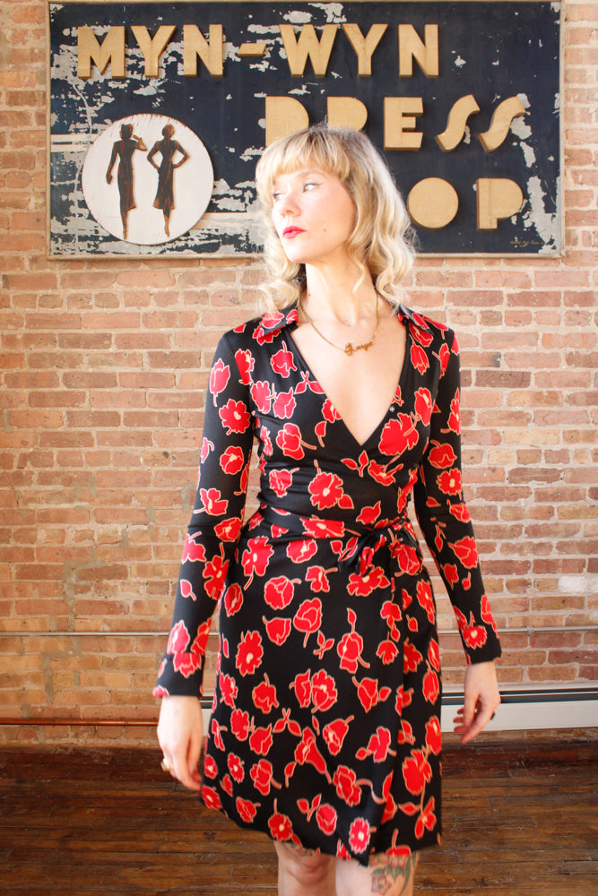 1970s DVF Jeanne Silk Jersey Floral Wrap Dress - Xs/S
