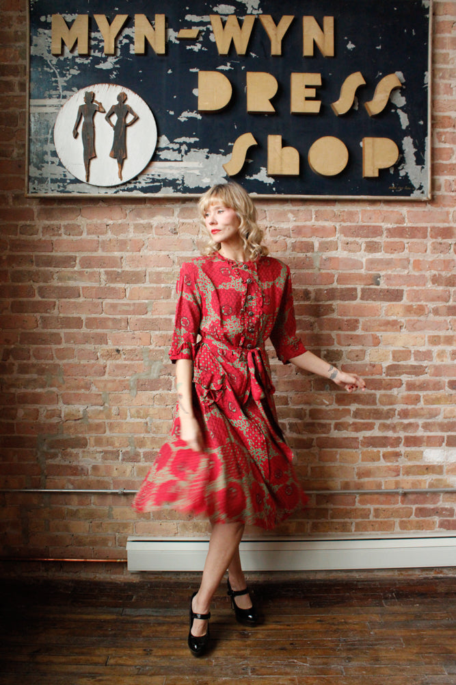 1940s Red & Green Cold Rayon Dress - Large