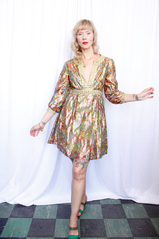 1960s Saks Fifth Ave Metallic Paisley Dress - Small