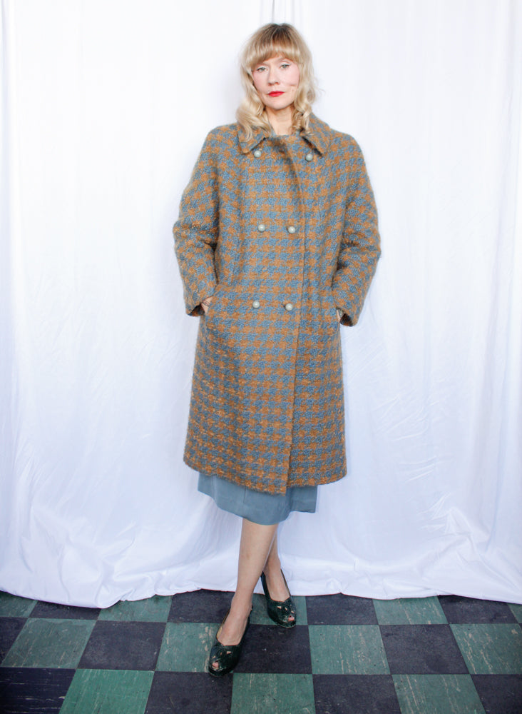 1950s Tan & Blue Tweed Plaid Wool Coat - Large