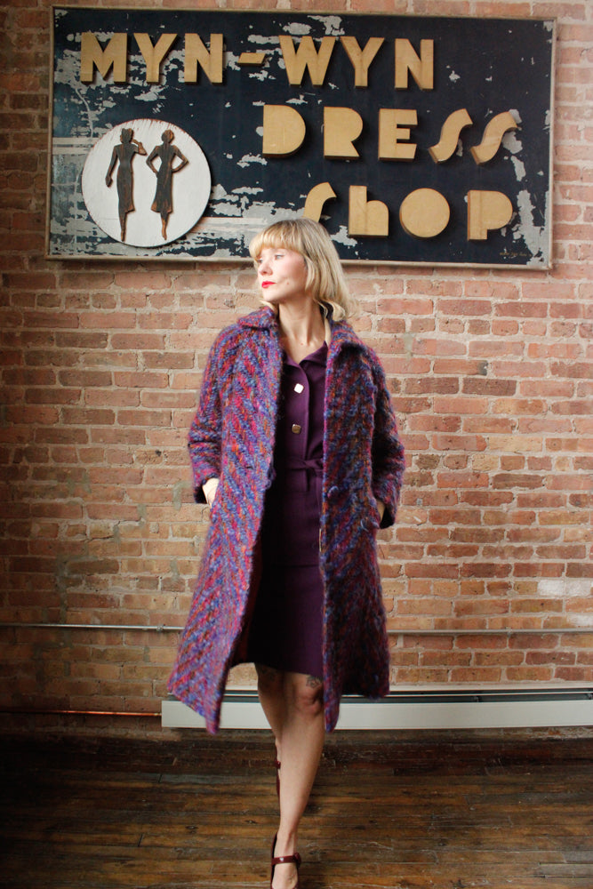1960s Lilli Ann Colorful Knit Wool Coat - Large