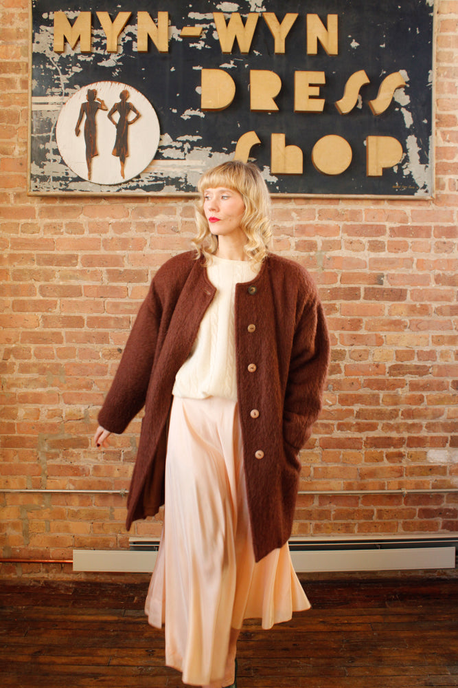 1990s Cocoa Brown Mohair Wool Coat - Medium to Large