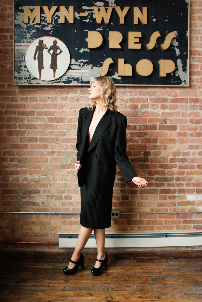 1990s YSL Tuxedo Stripe Black Blazer & Skirt Suit - M/L