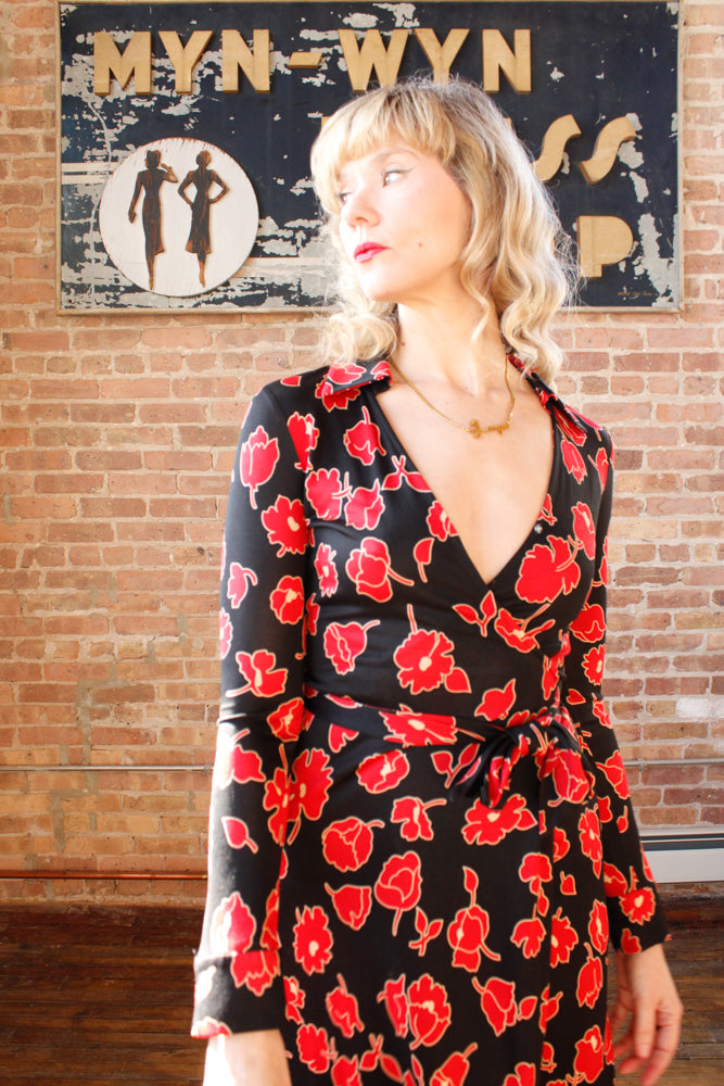 1970s DVF Jeanne Silk Jersey Floral Wrap Dress - Xs/S