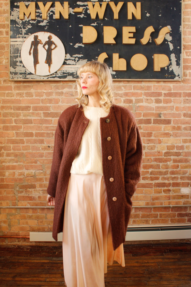 1990s Cocoa Brown Mohair Wool Coat - Medium to Large