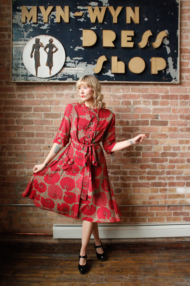 1940s Red & Green Cold Rayon Dress - Large