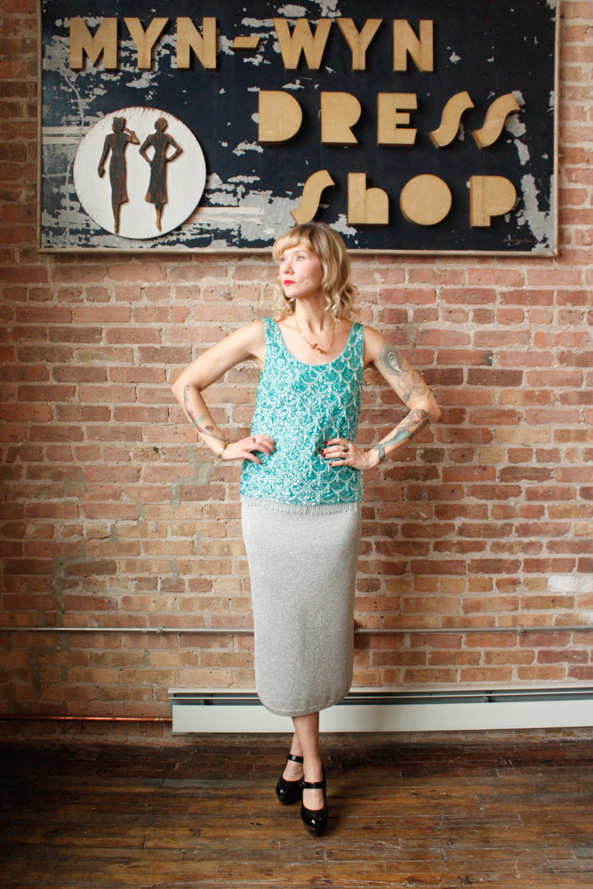 1960s Mermaid Aquamarine Beaded Top - Medium  & 1990s Silver Knit Maxi Skirt - Medium