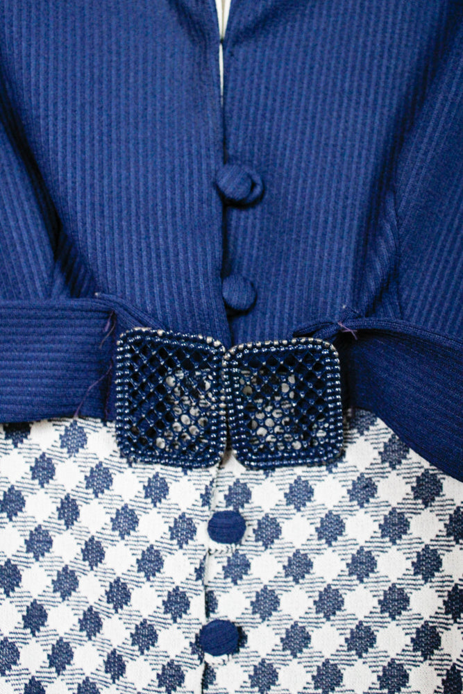 1960s Navy & White Polyester Mod Dress - Medium
